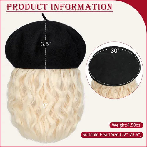 Miniatura 3 de Boinas con extensiones de cabello, gorra clásica elástica de lana francesa sólida adjunta, corto y rizado, peluca sintética para mujer, rubio