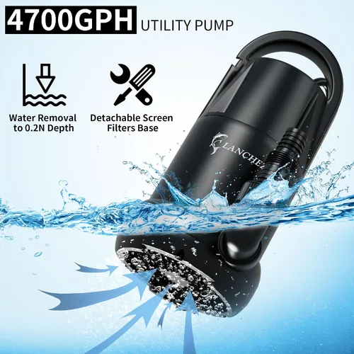 Miniatura 3 de LANCHEZ Bomba de sumidero de 1 HP 4700 GPH Bomba de agua sumergible termoplástica portátil bomba de alto flujo de eliminación de agua para piscina