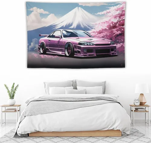 Miniatura 5 de FeoYoed Jdm Car R33 - Tapiz para colgar en la pared, arte de pared para dormitorio, sala de estar, monte japonés, Fuji, flor de cerezo rosa, 40 x 60