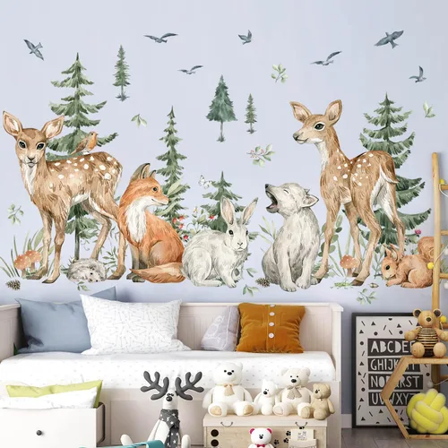 Miniatura 6 de Amaonm - 4 hojas de 12 x 36 pulgadas, calcomanías de pared de árbol de bosque gigante, bosque, ciervo, oso, conejo, zorro, ardilla, pájaros, pino