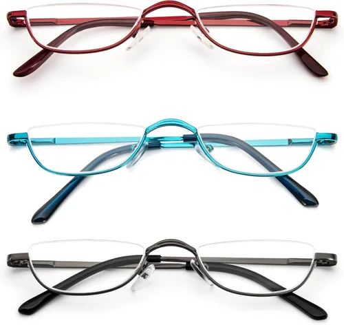 Miniatura 8 de DXYXYO Lentes de lectura de media luna para mujeres y hombres, pequeños lectores de bisagra de resorte de metal con marco semimonar