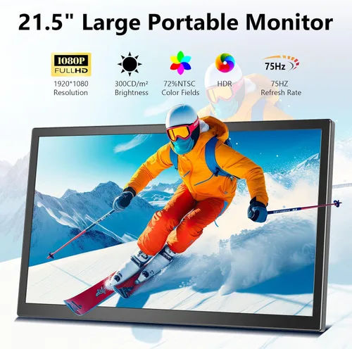 Miniatura 2 de Monitor portátil grande de 21.5 pulgadas para laptop, FHD 1080P 75Hz VESA compatible con USB-C HDMI, extensor de computadora para trabajar