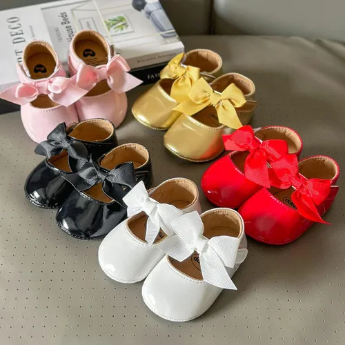 Miniatura 2 de QWZban Zapatos planos Mary Jane con Bownot antideslizante suela suave de piel sintética para recién nacidos, bebés, primeros caminantes