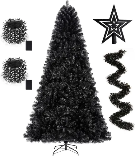 KTKDE Árbol de Navidad Artificial Negro de 6 pies para Exteriores, Árbol Negro de Halloween, Decoraciones con 1005 Puntas, Luces LED en Cadena,