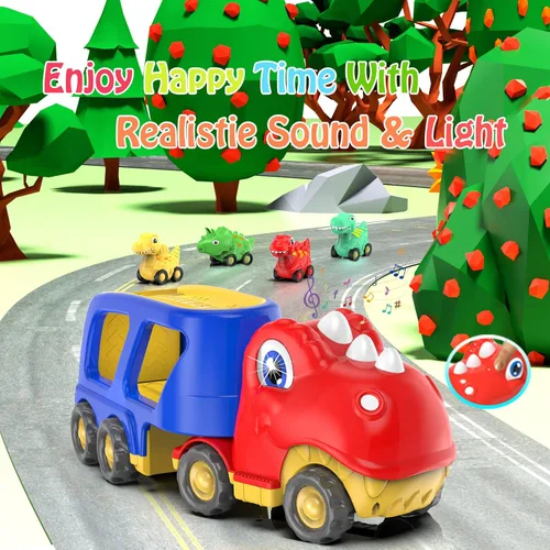 Miniatura 3 de Veslier Auto de juguete para niños de 2, 3, 4, 5 años, camión transportador de dinosaurios con 4 unidades de automóvil pequeño de dinosaurio