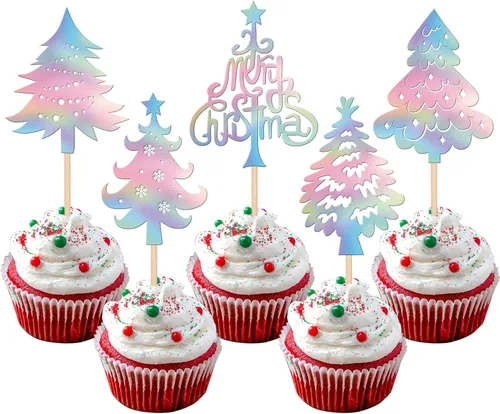Miniatura 30 de 24 piezas de adornos para cupcakes de Navidad dorados verdes y rojos con purpurina, Papá Noel, árbol de Navidad, adornos para cupcakes para el tema