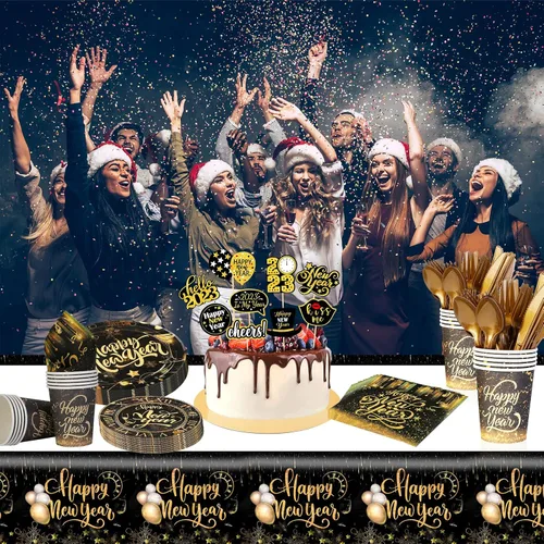 Miniatura 7 de HOWAF Platos y servilletas de Año Nuevo, suministros de fiesta 2026, suministros de fiesta de Año Nuevo, vajilla para 10 invitados, vajilla