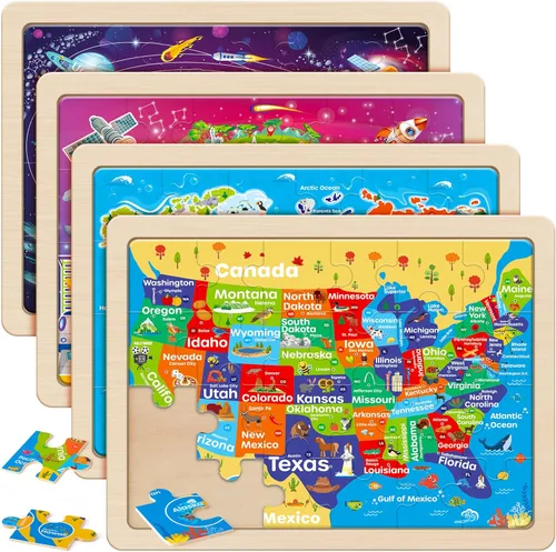SYNARRY Rompecabezas de madera grandes del sistema solar de la Tierra del mundo de los Estados Unidos para niños, caja de regalo (12.2 x 9.4