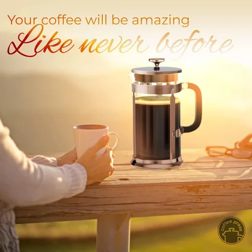 Miniatura 6 de EzDtach - Cafetera de prensa francesa de vidrio de 34 onzas de cobre, olla de vidrio de borosilicato de doble filtro con coffee press de acero