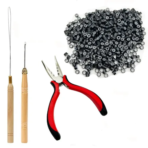 Miniatura 9 de Kit de herramientas de extensiones de cabello, 500 piezas de cuentas de microanillo, 1 alicates de extensión de cabello, 1 aguja de gancho, 1 lazo