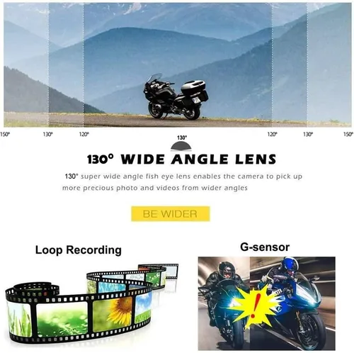 Miniatura 5 de VSYSTO Cámara WiFi para salpicadero de motocicleta, 2 canales, lente gran angular de 130°, visión nocturna frontal y trasera HD 1080P, sistema DVR