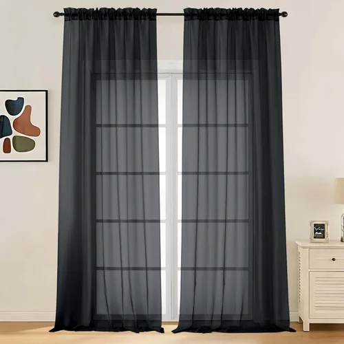 Miniatura 37 de LIVEKID Cortinas traslúcidas negras de cocina de 36 pulgadas de largo, cortinas cortas filtrantes de luz, 2 paneles de gasa aireada, texturizadas