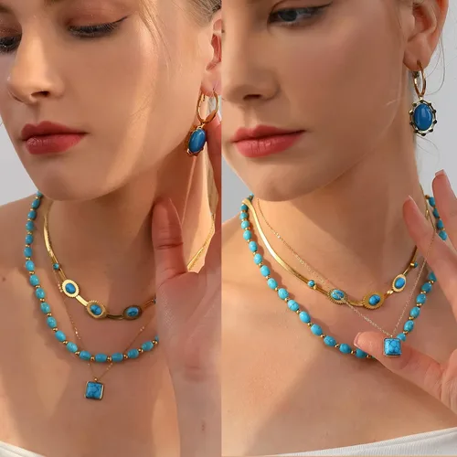 Miniatura 6 de Fannifen - Collares para mujer, cadena de espiga turquesa chapada en oro de 18 quilates, colgante ajustable para mujer, collar para niñas