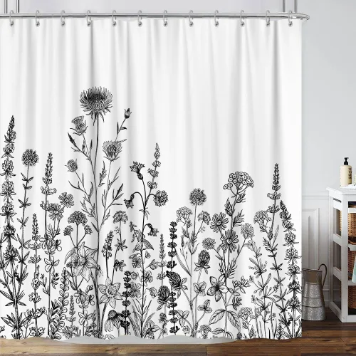 Miniatura 27 de Cortina de ducha de mariposa floral negra y dorada, cortina de ducha bohemia con diseño botánico de flores oscuras para baño con gancho, juego