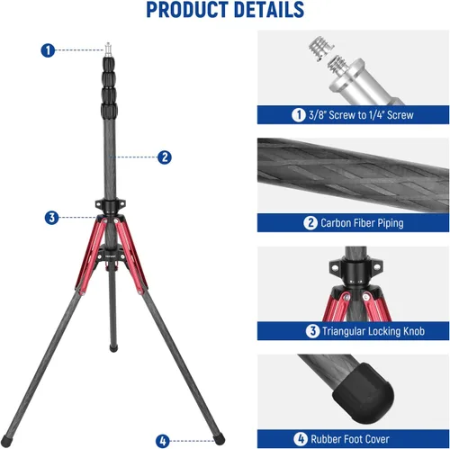 Miniatura 3 de NEEWER Soporte de luz de fibra de carbono con patas reversibles de 180°, adaptador de tornillo de 1/4 a 3/8 pulgadas y bolsa, soporte de trípode