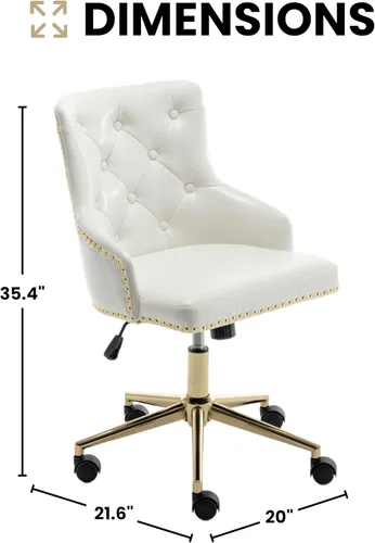 Miniatura 3 de BTEXPERT Silla de oficina en casa con base dorada de piel sintética blanca, ajustable, tapizado de uñas dorado, tapicería, dormitorio, estudio