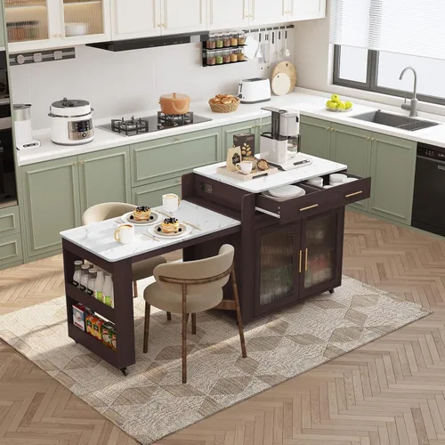 Miniatura 3 de HLR Isla de Cocina con Mesa de Comedor Extensible, Isla de Cocina con Encimera de Grano de Mármol y Enchufe Eléctrico, Carrito de Almacenamiento