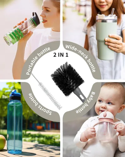 Miniatura 7 de ROSEOK 2 in 1 Long Handle Bottle Brush with Straw Brush for Cleaning Glass, Sports Bottle, Coffee Mug, Black, 1 Pack