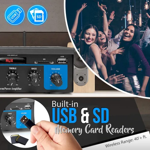 Miniatura 6 de Pyle - Sistema de amplificador de potencia de audio Bluetooth casero - Caja receptora de sonido estéreo mini de doble canal 2X75W con LED - Para