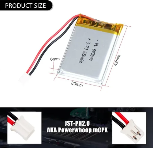 Miniatura 3 de 3.7V 650mAh 603040 Lipo batería recargable de iones de polímero de litio con conector PH2.0.000 in JST