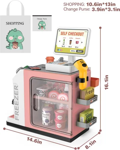 Miniatura 3 de Juego de caja registradora para niños – 48 piezas con cafetera de juguete, dinero de simulación, calculadora, escáner, tarjeta de crédito y comida