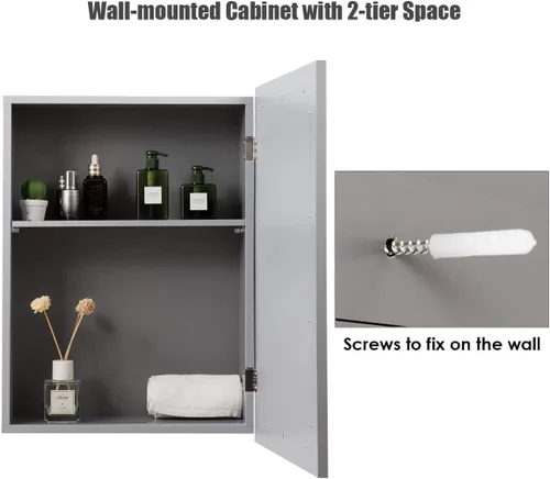 Miniatura 5 de GOFLAME Botiquín de baño, armario de almacenamiento con espejo de montaje en pared con una sola puerta y estante ajustable, organizador de madera