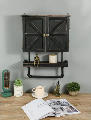 Miniatura 4 de Armario de almacenamiento sobre inodoro de 23.1 x 16.9 pulgadas, gabinete de baño con estante de pared ajustable y toallero, puertas dobles, Negro