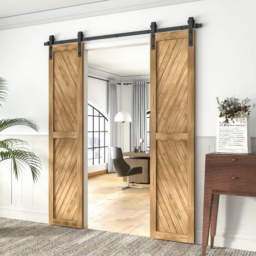 Miniatura 2 de WINSOON Kit de herrajes para puerta corrediza doble de granero para puertas dobles, armario de madera, superficie negra, estilo antiguo