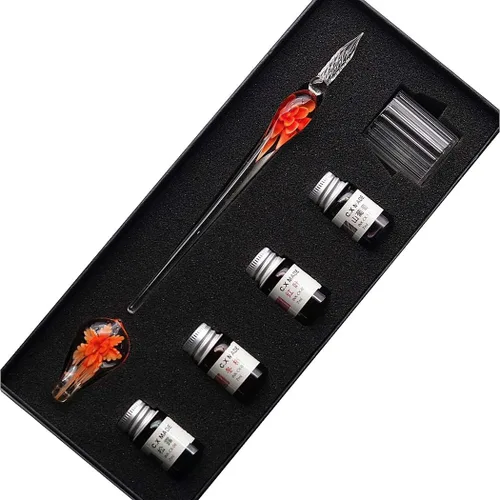Kit de Pluma Estilográfica Dip Pen de Cristal Intarsia Vintage para Caligrafía y Firmas con Tinta de 4 Colores, Soporte para Pluma, Taza de Naranja