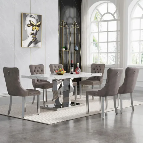 Miniatura 16 de Moderno juego de mesa de comedor de mármol sintético de 68.11 pulgadas para 6, mesa de comedor de mármol blanco y plateado con 6 sillas de Blanco