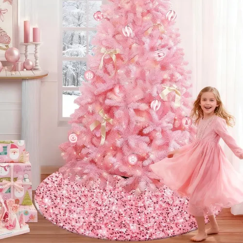 Miniatura 3 de yuboo Falda de árbol de Navidad de lentejuelas rosas de 48 pulgadas, falda de árbol de Navidad con purpurina rosa rubor para una amplia gama