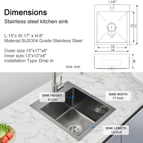 Miniatura 3 de Fregadero de cocina de 15 x 17 pulgadas, fregadero de barra de cocina de 18 calibres de acero inoxidable con un solo orificio para grifo, fregadero