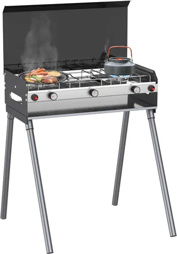 CAMPLUX - Estufa de campamento de propano con 2 quemadores y 1 parrilla, 15,000 BTU portátil, para exteriores, con patas de pie, estufa de gas de
