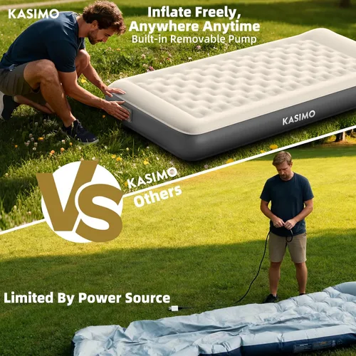 Miniatura 7 de KASIMO Colchón de aire tamaño individual con bomba extraíble de batería integrada, colchón inflable de TPU con almohada, fuerte apoyo toda la noche