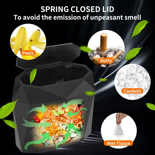 Miniatura 4 de Wontolf Mini cubo de basura para automóvil con tapa y 60 bolsas de basura, ABS diseño de diamante, organizador de automóvil, accesorios