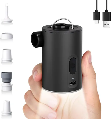 Portable Air Pump for Inflatables, Ultra-Mini Air Mattress Pump 4X with 1600mAh Battery & Camping Light, USB Rechargeable Air Pump for Swimming Negro