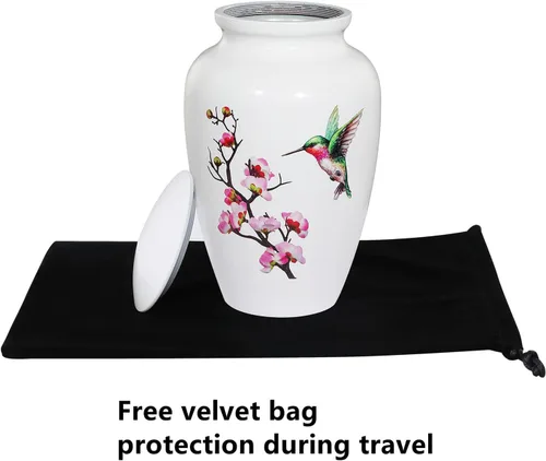 Miniatura 6 de Urna de cremación de colibrí para cenizas adultas, urna funeraria blanca, urna decorativa grande con bolsa de terciopelo, capacidad de hasta 200