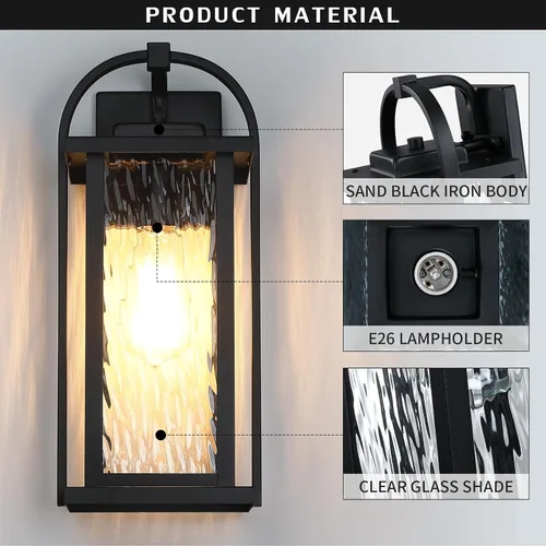 Miniatura 4 de Lámparas de pared para exteriores de 15 pulgadas, aplique de pared negro mate exterior con vidrio ondulado de agua, antioxidante, impermeable, luces