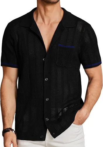 COOFANDY Camisas de punto de manga corta para hombre, estilo vintage, con botones, estilo casual, para la playa