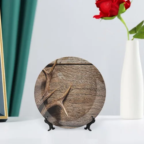 Miniatura 6 de XISUNYA Plato decorativo de 6 pulgadas, plato de cena con cuernos de ciervo en mesa de madera, impresión rústica de temporada de caza, cerámica