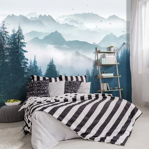 Mural de pared de bosque nebuloso con escena de pino, papel tapiz de tela para sala de estar, dormitorio, baño, mural de montaña - 91"x65" (no se El