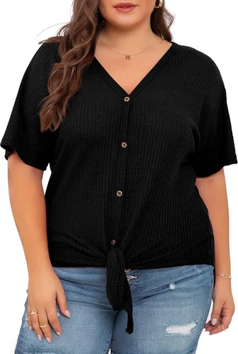 Miniatura 5 de OLRIK Blusa de manga corta con cuello en V para mujer, de punto gofre, con lazo frontal y botones