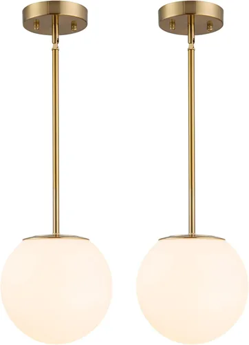 Miniatura 10 de Lámpara colgante moderna de mediados de siglo, globo dorado claro con pantalla de vidrio blanco, acabado de latón cepillado, altura ajustable
