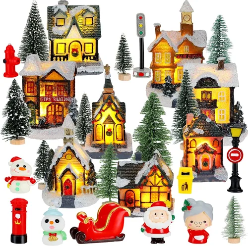 Woanger 29 Piezas Juego de Pueblo Navideño con Casas Iluminadas LED para Escena Navideña de Pueblo, Figuras de Decoración, Hechas de Resina
