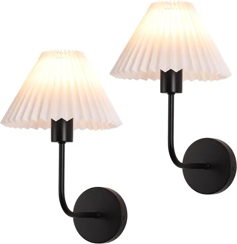 Miniatura 14 de Juegos de 2 apliques de pared, pantalla de lámpara de tela plisada blanca, lámpara de pared negra mate, iluminación de pared con soporte de columna
