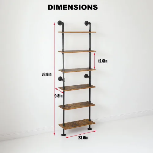 Miniatura 3 de Estantería Industrial de 5 estantes con tubos, estantería moderna y negra, estante de escalera para montaje en pared con marco de metal