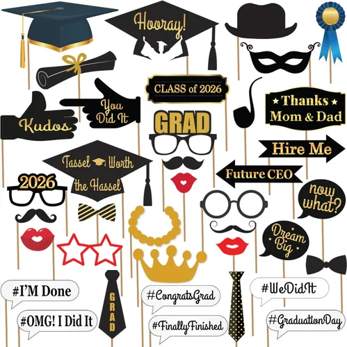 KatchOn, Accesorios para cabina de fotos de graduación – Paquete de 40 | Accesorios de fotos de graduación negro y dorado, decoraciones de