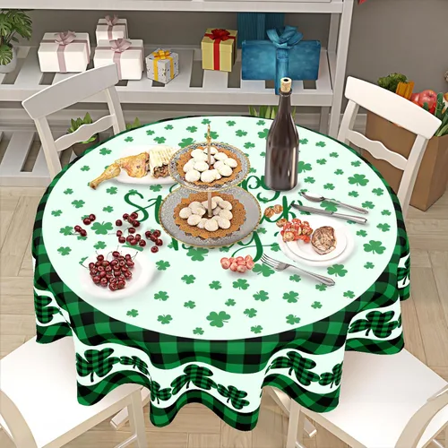 Miniatura 4 de Mantel redondo del Día de San Patricio de 60 pulgadas, diseño de trébol verde, a cuadros, lavable, para cocina, mesa de comedor, fiesta, picnic
