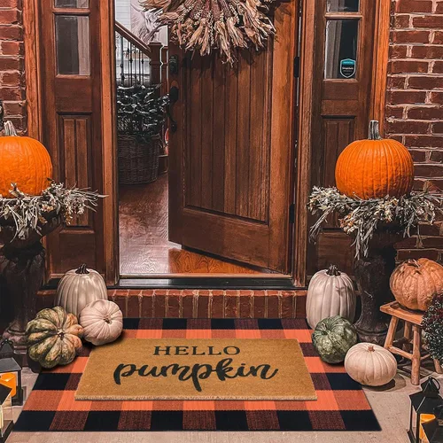 Juego combinado de tapetes de puerta de decoración de otoño, 100% fibra de coco + alfombra a cuadros naranja y negra de 28 x 43 pulgadas, tapete de