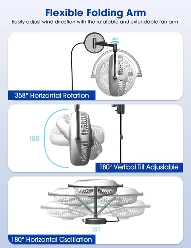 Miniatura 4 de Ventiladores de pared con cadena de tracción, ventiladores de pared de 10 pulgadas, ventilador oscilante silencioso para montaje en pared, brazo